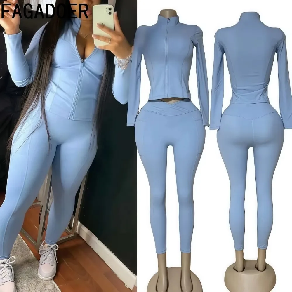 FAGADOER Jakość Casual Sportowy damski 2-częściowy zestaw strój Zapinany na zamek błyskawiczny Długi rękaw Slim Top + Legging Spodnie garnitury Kobieta Wiosna lato