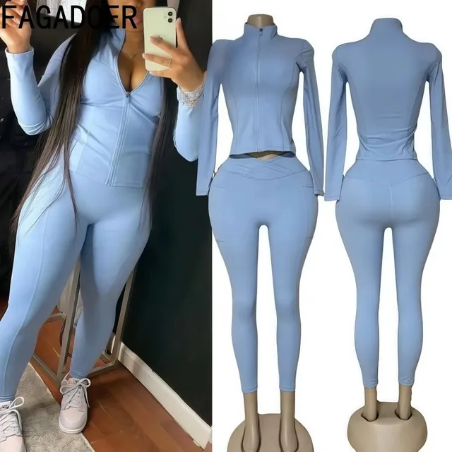 FAGADOER Jakość Casual Sportowy damski 2-częściowy zestaw strój Zapinany na zamek błyskawiczny Długi rękaw Slim Top + Legging Spodnie garnitury Kobieta Wiosna lato