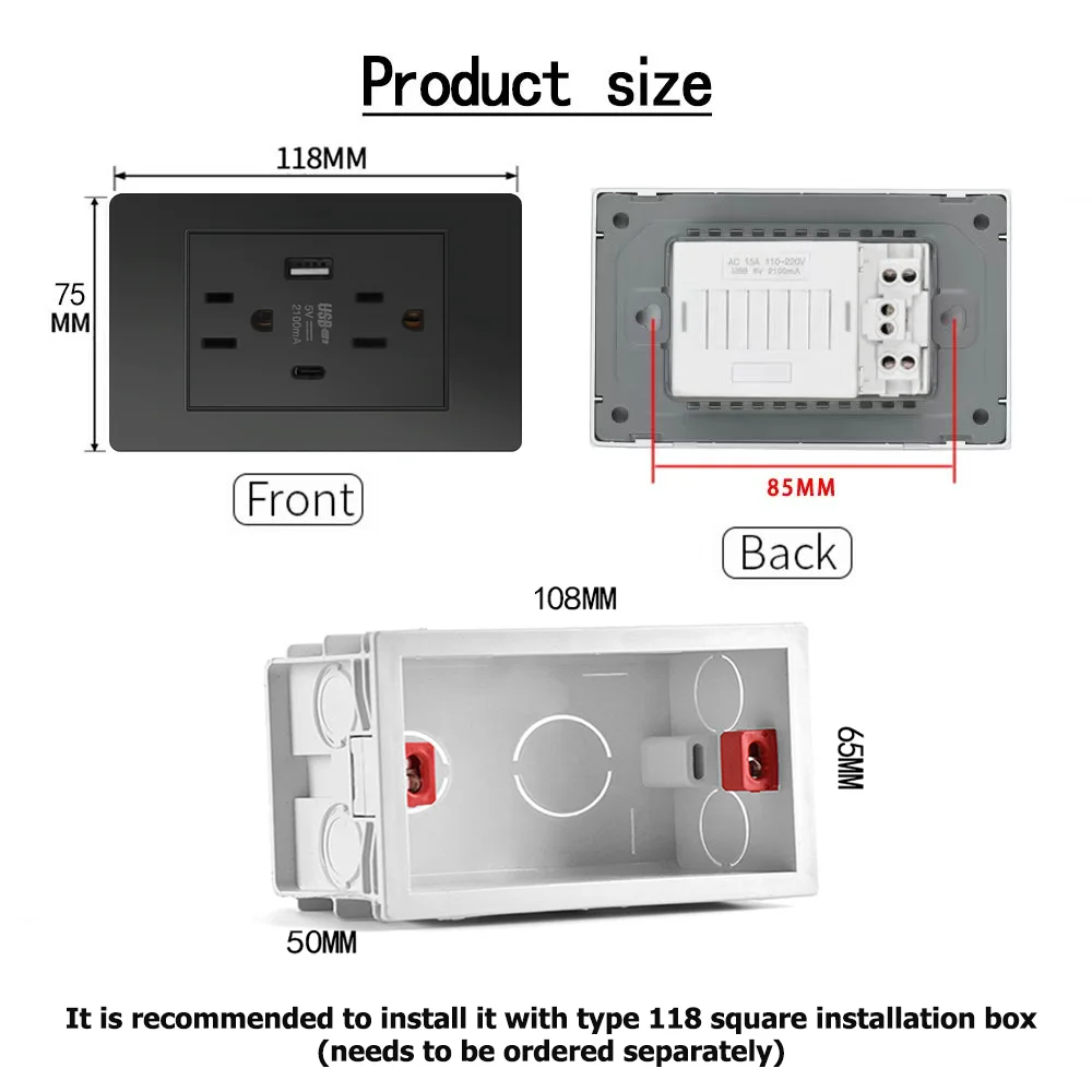 Eiomr US Standard Wall Socket with USB Type-C Charging Port 5V 2.1A, 118mm*75mm Fireproof PC Panel Wall Power US Outlet