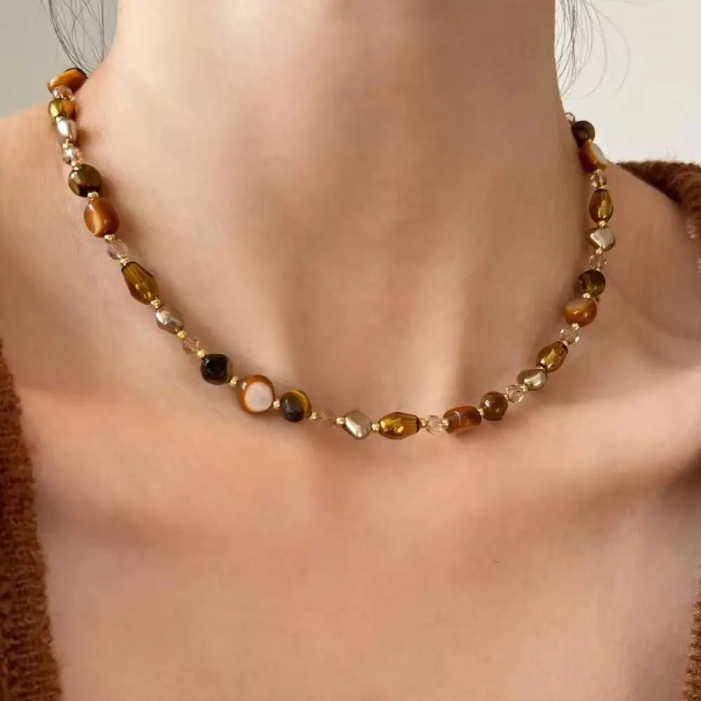 Nueva moda, collar de cadena con cuentas Vintage, gargantilla de alta gama con piedra de ojo de tigre Natural hecha a mano marrón, regalo