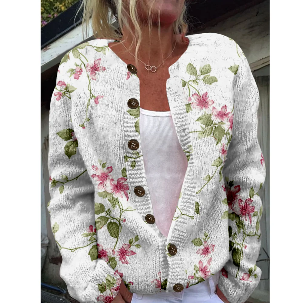 

Осень-зима вязаный милый кардиган с цветочным принтом, свитер, уличная одежда, женские свитера, вязаный топ, повседневные крутые джемперы, модные