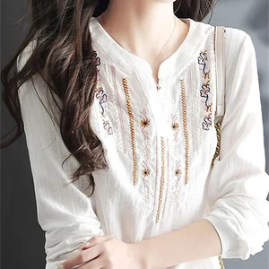 Blusas femininas de manga comprida com decote em v, Tops femininos casuais, branco, solto, primavera, outono 10 principais vendas blusas estamoadas de moda - №10