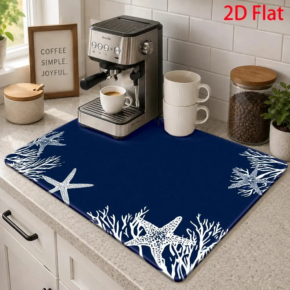 Coastal Ocean Starfish Coral Dish Drying Mat Ultra Absorbent Kitchen Counter Mat Navy Blue Countertop Coffee Bar Drain Pad