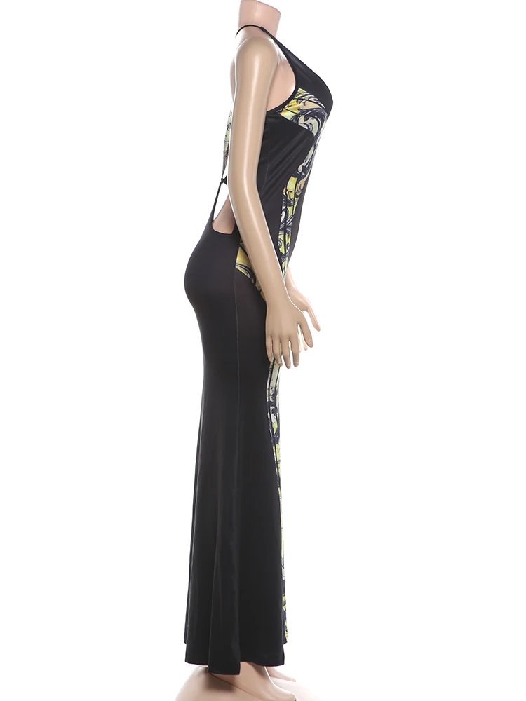 Weird Puss Sexy rückenfreies Kleid mit Kreuzmuster, Damenmode, Air-Print, tiefer V-Ausschnitt, hohle, ärmellose Passform, für Urlaub, Party, elegant, schick, figurbetont – Detail 4