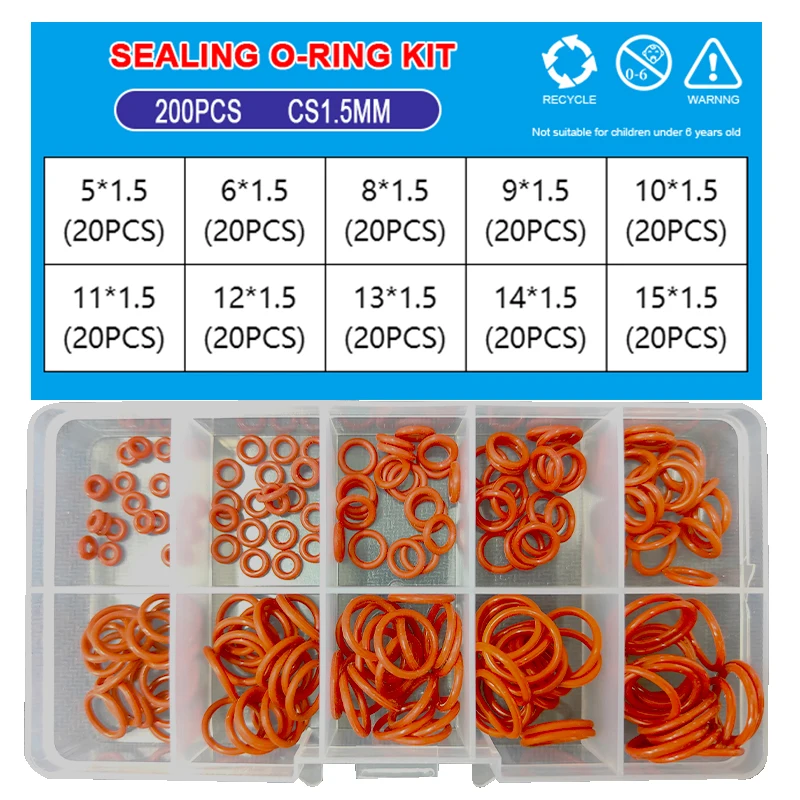 50-200Pcs Silicone O Ring Sealing Washer Red VMQ O-ring Gasket Waterproof Oil Resistant High Temperature Oring Assortment Kit