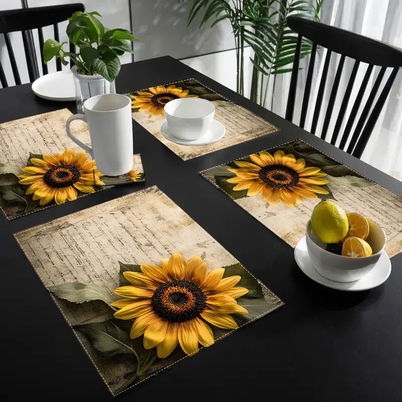 4pcs Retro Sunflower Print Rectangular Placemats Hand Washable Heat Resistant Suitable Dining Table Coffee Table and Home