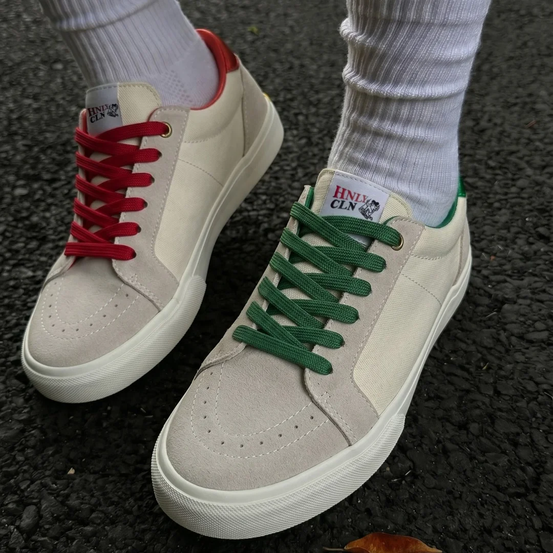 Dopamine Style Red‑Green Mismatched Skate Shoes, Spiky‑Hair Cartoon Figure Embroidered Eggshell Cut Heel, Breathable Wear‑Resist