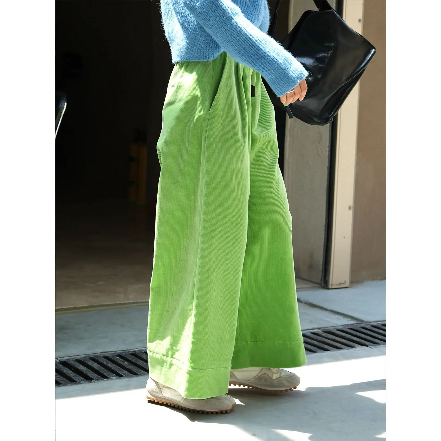 Green Corduroy Wide Leg Pants Autumn Winter Loose Casual Pants For Women