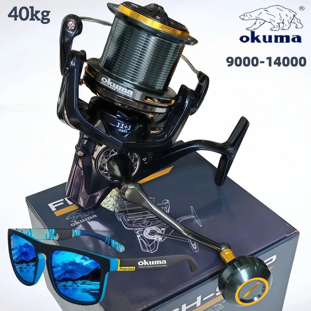 Okuma Original Ganzmetall-Spinnrolle, nahtlos, Modelle 9000-14000, ausgestattet mit polarisierten Marken-Angelbrillen.