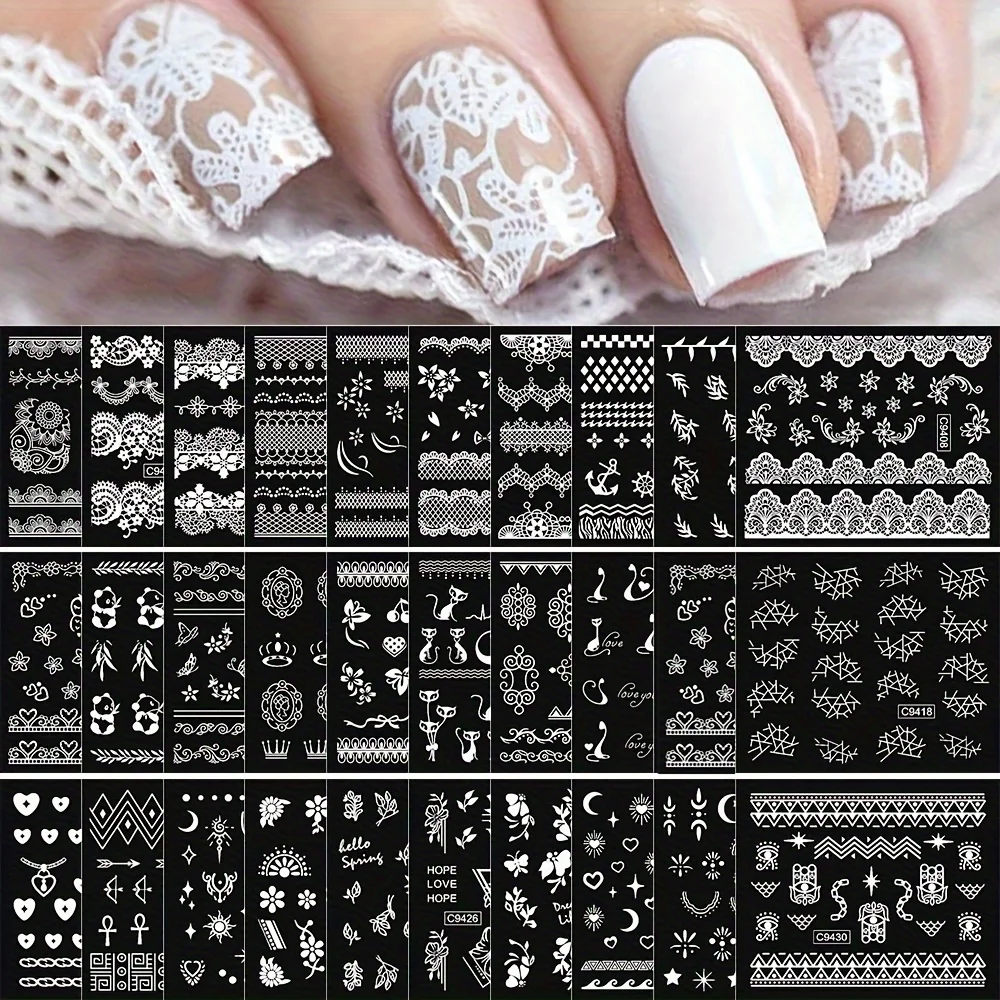 10-teiliges Set mit Mond- und Stern-Nagelkunst-Aufklebern – weiße Blumen-, Blatt- und Spitzenmuster mit geometrischen Linien – selbstklebende Maniküre