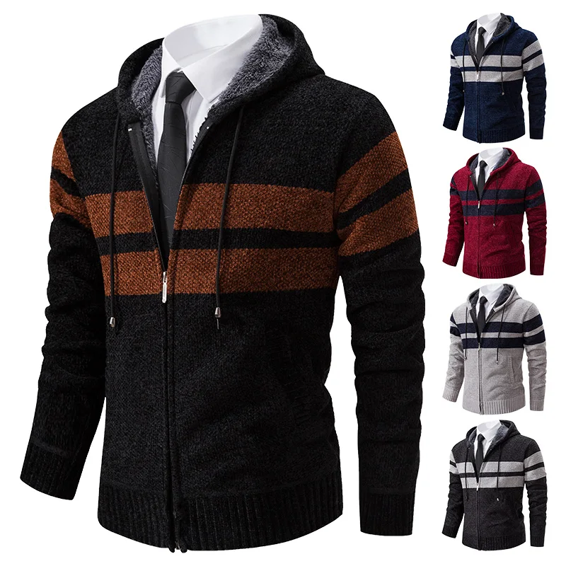 Maglione cardigan lavorato a maglia caldo color block moda ispessito in pile con cerniera a righe autunno/inverno da uomo