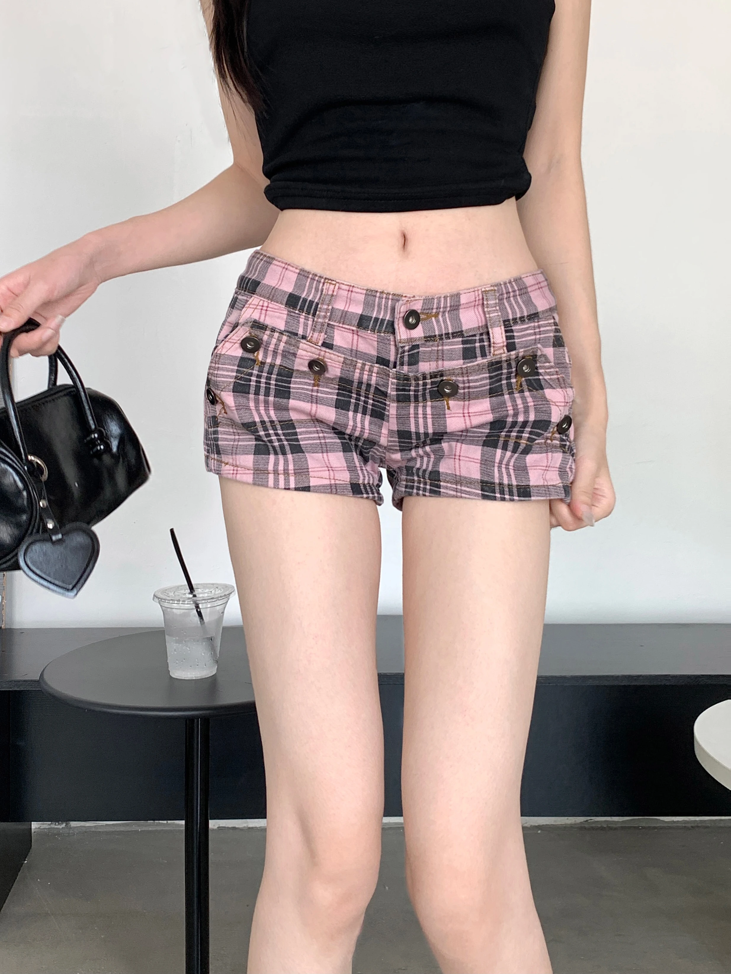Women's Pink Washing Checked Denim Shorts Hip-Hop Y2k New American Street High Waist Hot Girl Slim And Wide-Leg Hot Pants Trendy
