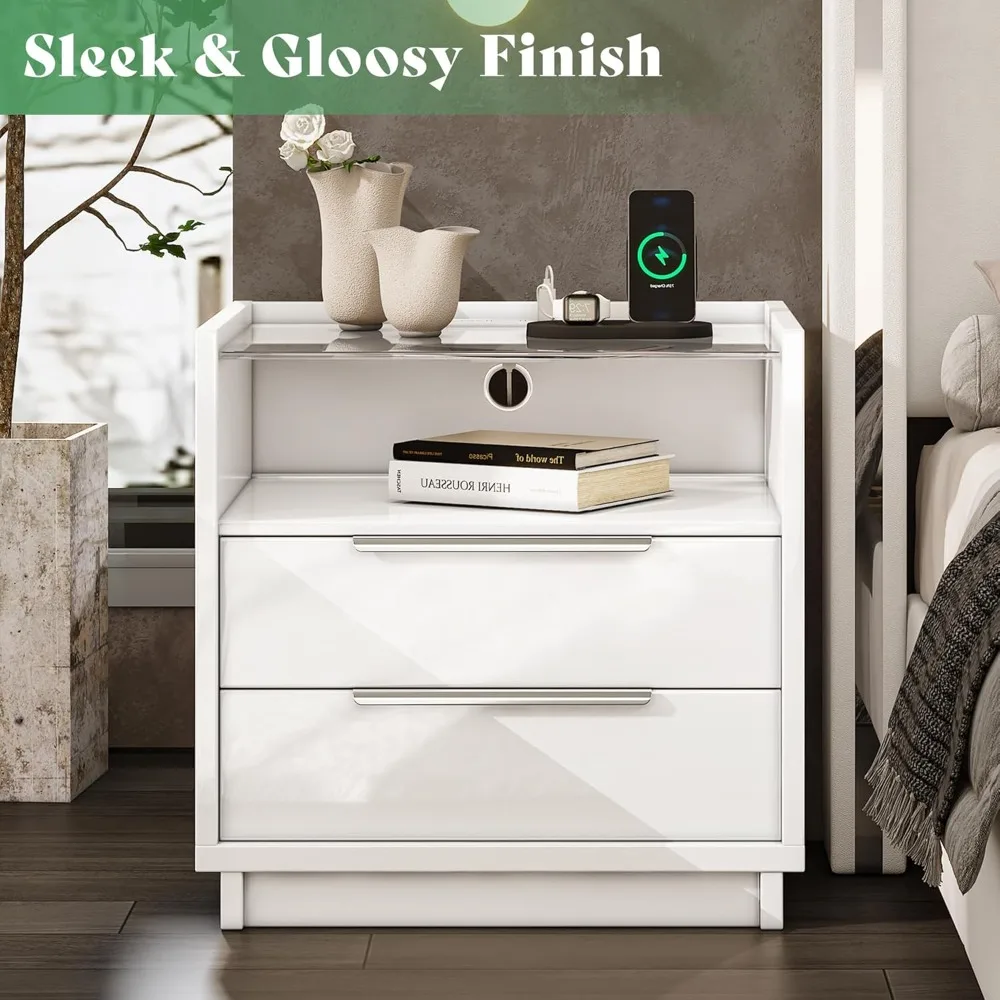 زوج من 23.6 طاولات بجانب السرير حديثة مع قاعدة شحن، ولمسة نهائية عالية اللمعان وسطح زجاجي، وأدراج واسعة #5