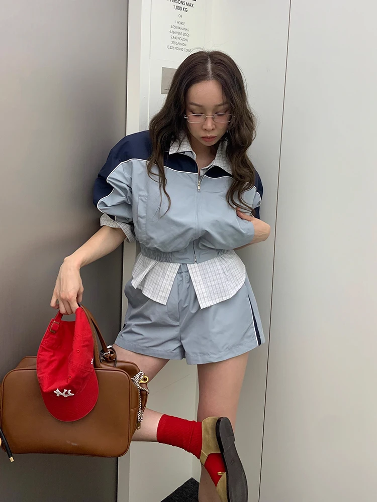 

Chic American Retro Spliced Color Short Sun Protection Jacket Outerwear High Waist Casual Shorts Two Piece Set Summer Fashion
