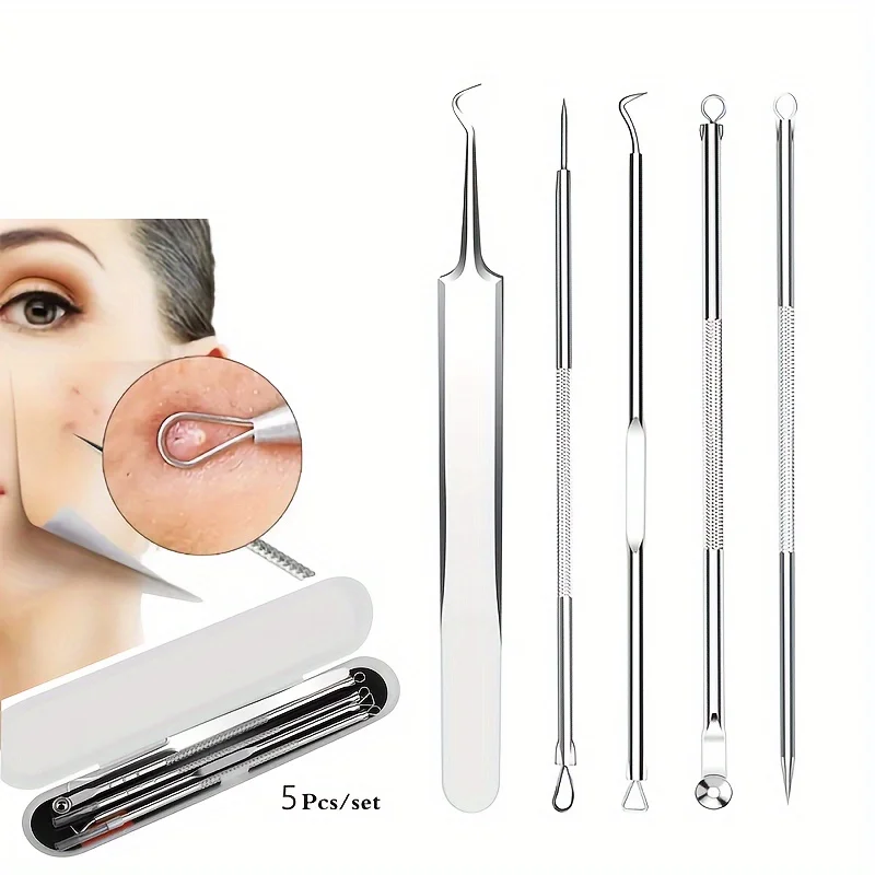 5-Piece Blackhead & Acne Removal Kit - Stainless Steel Extractor Tools For Nose & Face, Pimple Popper Set With Case (Silvery)