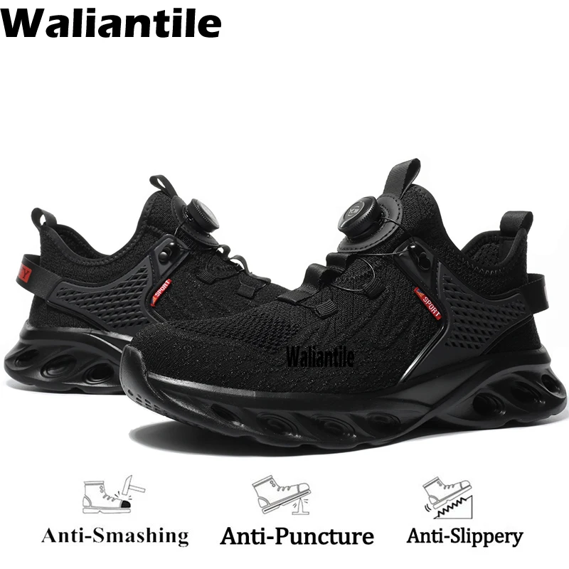 Waliantile Safety Shoes For Men Construction Working Boots Lace Free Steel Toe Anti-smashing Indestructible Male Work Sneakers