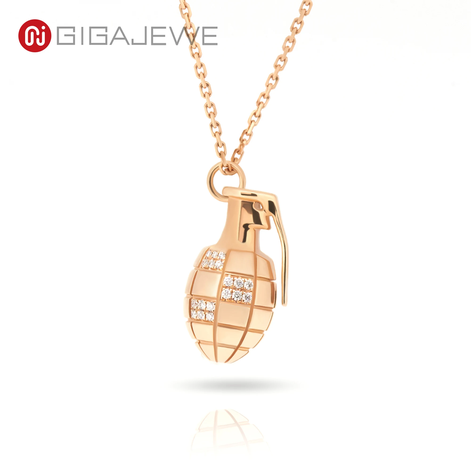 GIGAJEWE Moissanite Total 0.042ct Round White D 18K Yellow Gold Necklace Pendant Jewelry Grenade Shape Girl Women Soldie Gift