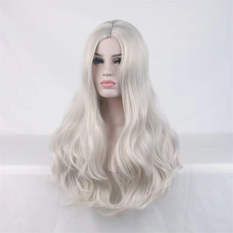 شعر مستعار نسائي من Rose net باللون الفضي والأبيض الأوروبي والأمريكي، شعر مستعار متوسط فضي طويل مجعد، ألياف كيميائية مموجة كبيرة