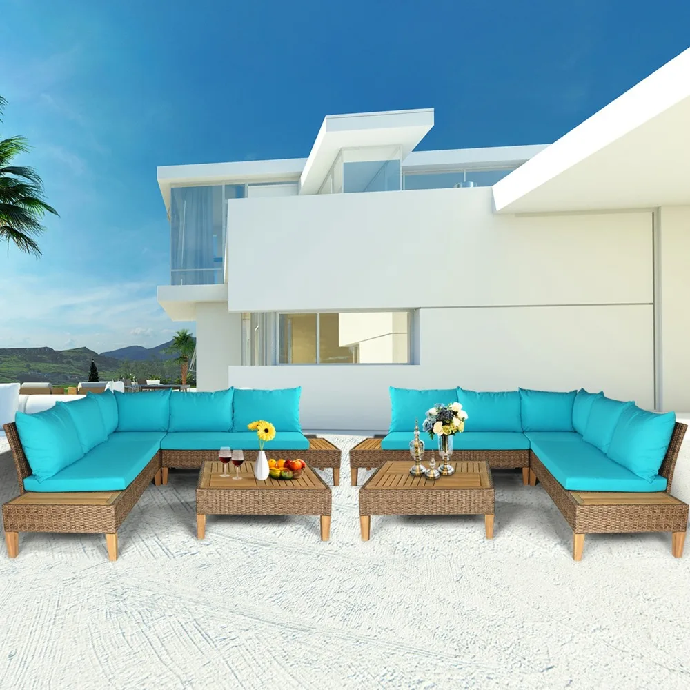 

8PCS Rattan Patio Sofa Set Outdoor Furniture Set w/ Turquoise Cushions