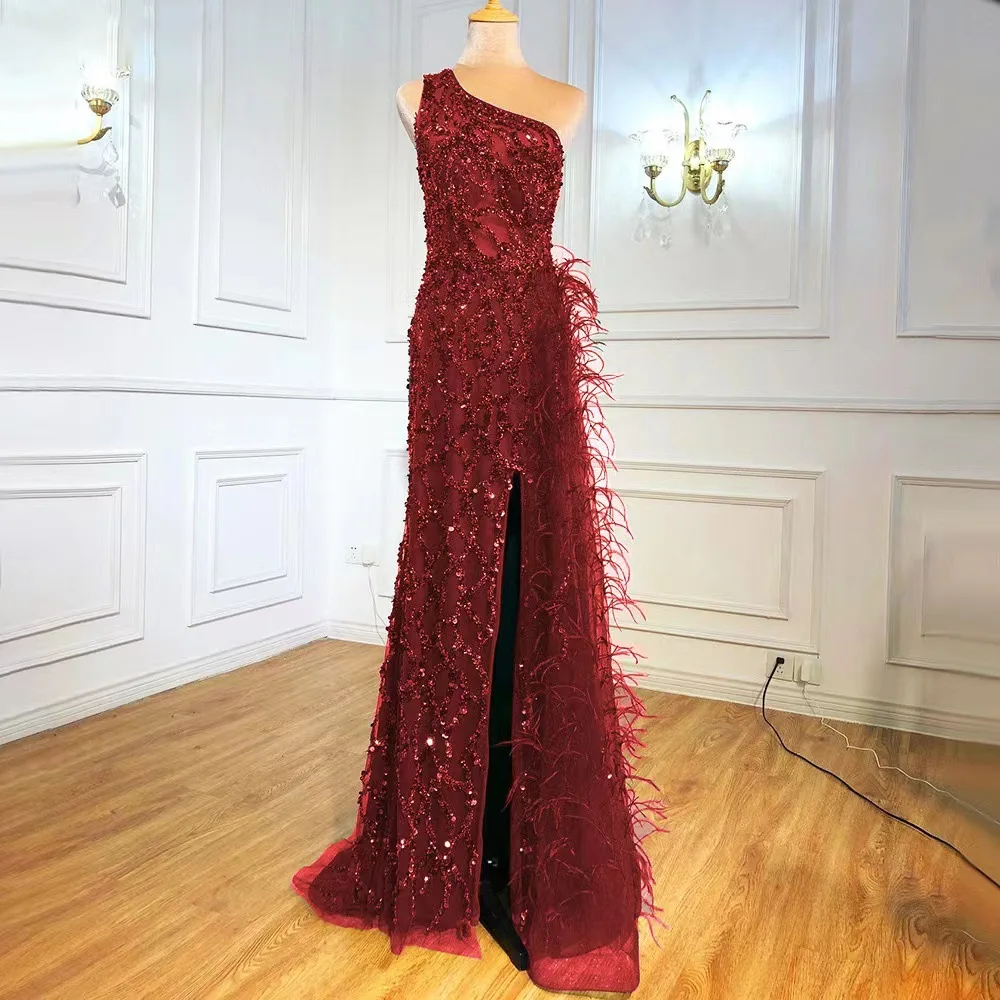 Solid Color Elegant Sequin Strapless Evening Dress Sexy One Shoulder Long Party Gown Fashionable Lace Feather Split Prom Robes