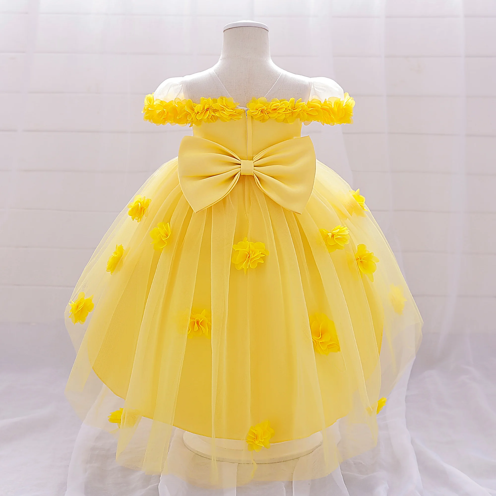Summer Flower Party Baby Girls Dress Elegant Tailed Tulle 1st Birthday Wedding Princess Dress Bow Baptism Bridemaid Kids Clothes