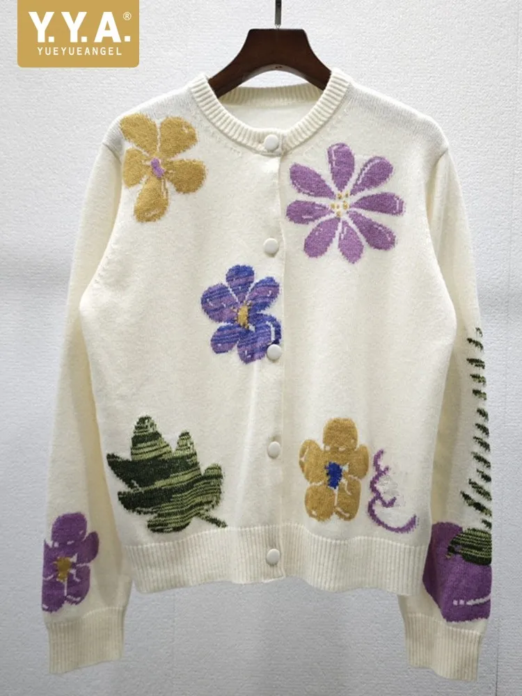 

Винтажный женский осенне-зимний красочный вязаный кардиган с цветочной вышивкой, свободный крой, однобортный свитер с круглым вырезом, пальто, трикотаж