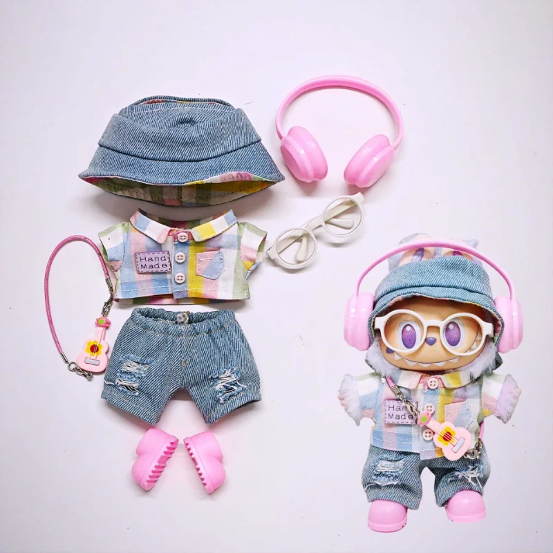 

For 15cm/17cm Labubu V1 V2 V3 Doll Rainbow Plaid Shirt Suit Cute Suitable for Labubu Clothes Trendy Coll Peripheral Accessories