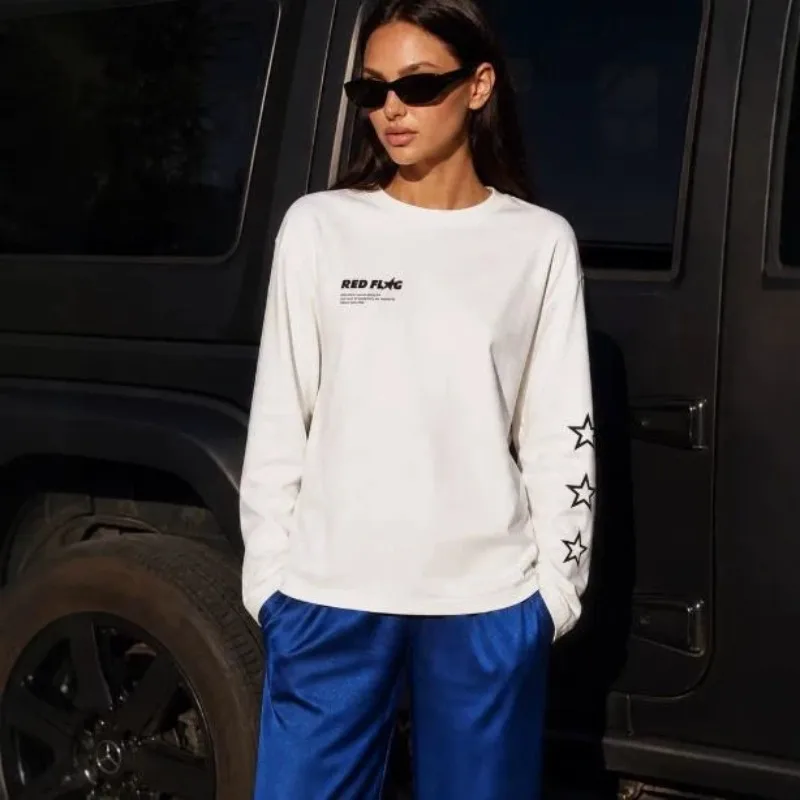 Y2K Minimal Slogan Text & Star Sleeve Graphic Oversized Cotton Long Sleeve Tee Women Casual Street Aesthetic Crew Neck T‑Shirt