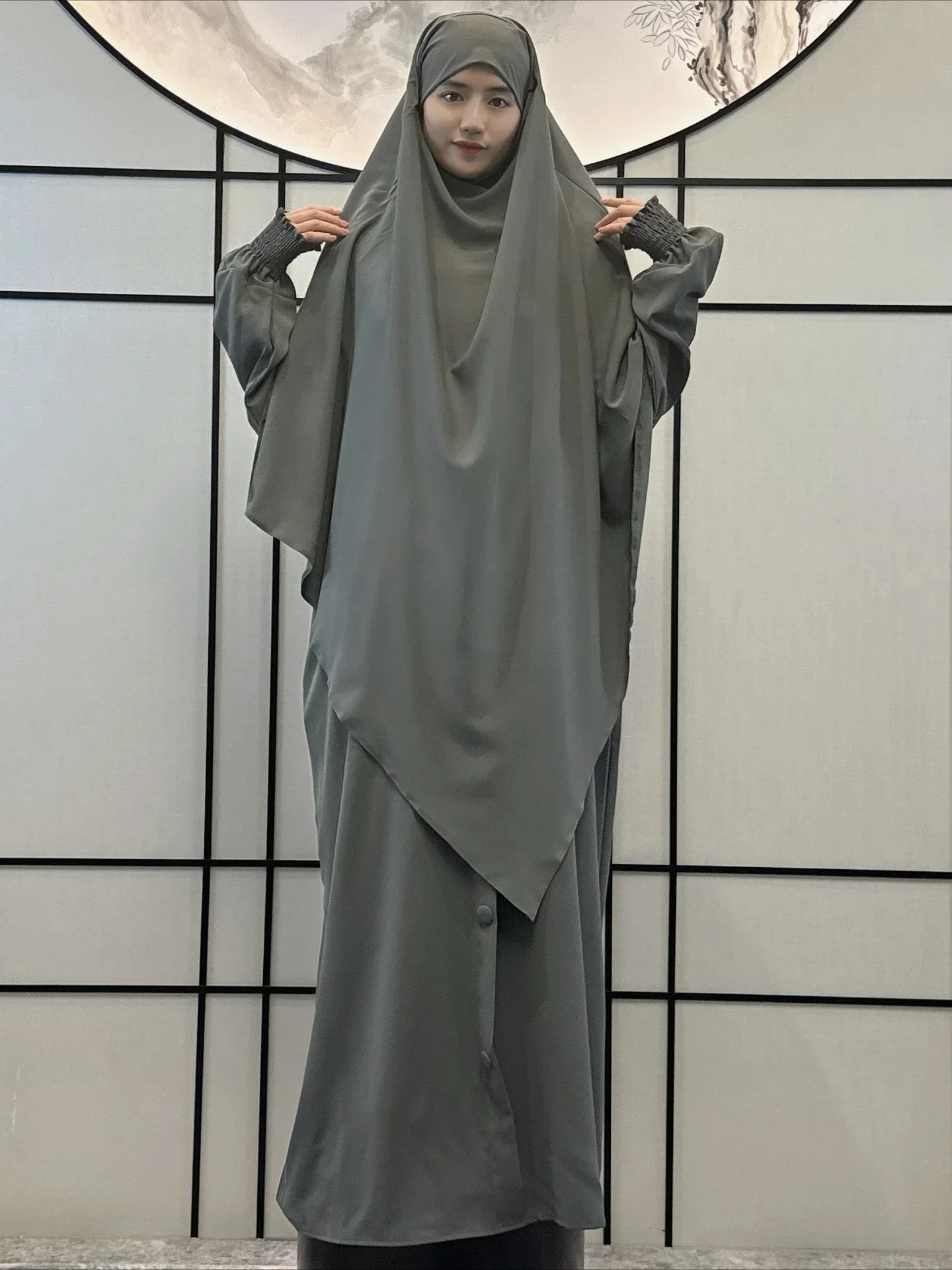 Moslim Vrouwen Gebed Jurk met Khimar Hijab 2-delige Set Eid Abaya Lange Gewaad Hoofddoek Islamitische Marokko Kaftan Vestidos Jalabiya