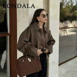 KONDALA 2026 Spring Women Casual Solid Jackets Fashion Streetwear Zipper Turn Down Collar Chic Ladies Jackets