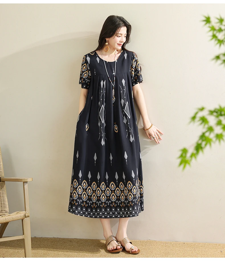 New 2025 Summer Dress For Women Plus Size Dress Casual Short Sleeve Boho Vintage Print Long Maxi Dress Beach Women Clothing