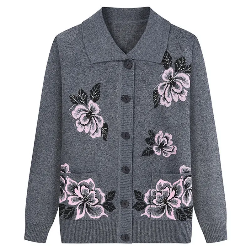 

Middle-aged And Elderly Women Floral Printed Sweater Turn-down Collar Winter Knitted Tops Casual Single Breasted Cardigan