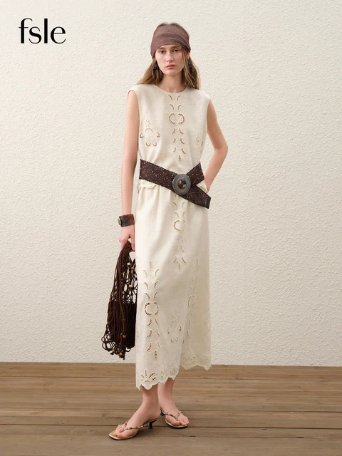 FSLE【Premium Series】Summer Women Linen Two Piece Set Cut-Out Embroidered Sleeveless Top Midi Skirt Boho Beach Vacation Style