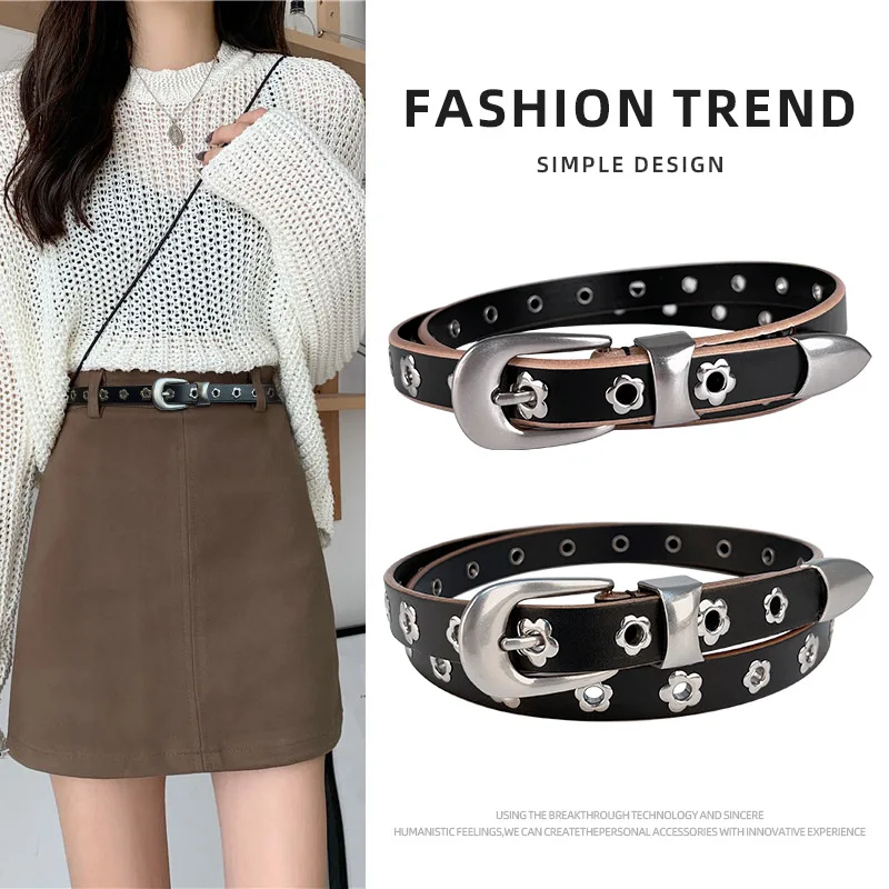 

Genuine Leather Rivet Women's Waist Belt with Top Layer Cowhide and Short Skirt Shorts Niche High-end Feel Black Trendy Belt