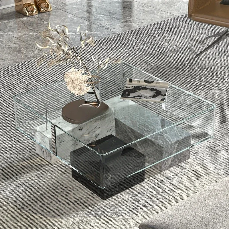 TTTTGlass Coffee Table Small Apartment, Marble, Lego Figure With Spotlight Display Cabinet