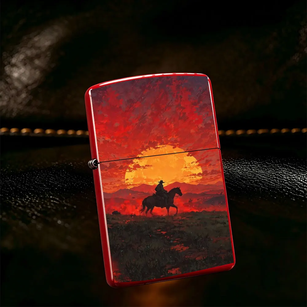 Pocket Lighter, Cowboy on Horse in Field at Sunset Painting Print, Anti-Slip Grip, Portable Flip-Top Design, Durable Metal Shell, Windproof Flame for Outdoor & Daily Use