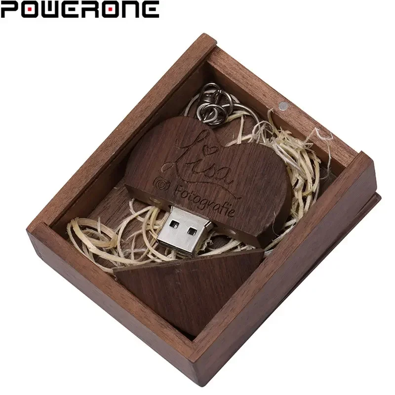 POWERONE (1PCS Free Custom LOGO) USB Flash Drives 64GB Wooden Heart + Box Pendrives 32GB Wedding Gifts USB 2.0 Memory Stick 16GB