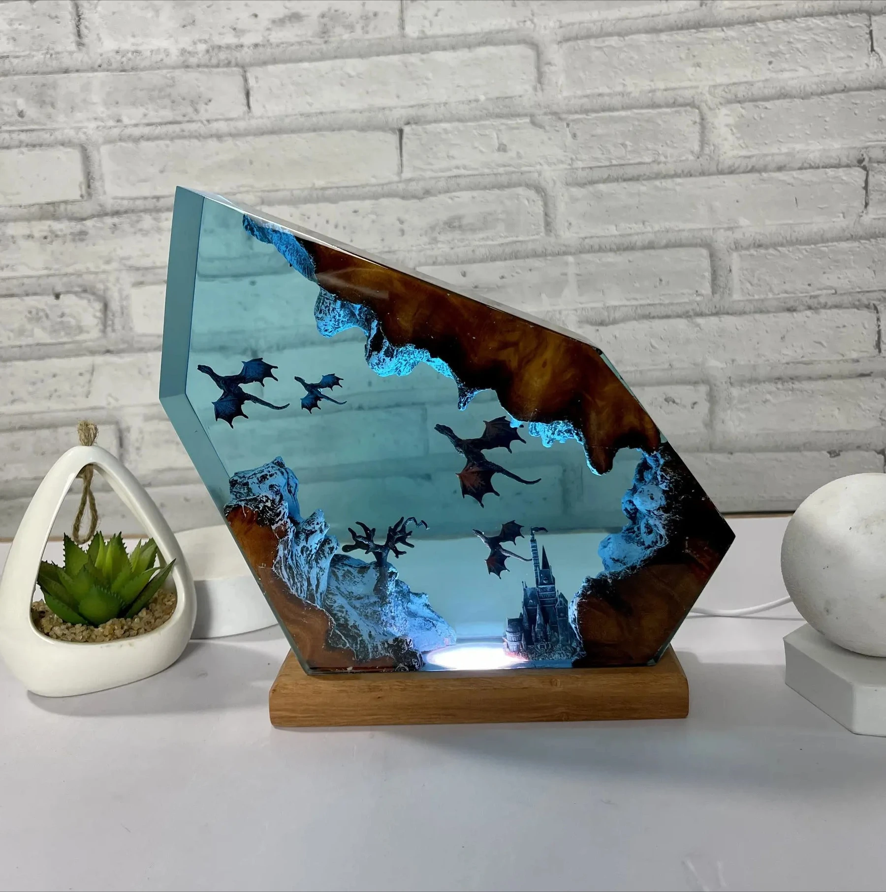 2026 Fantasy Flame Ice Dragon Wood Resin Ambient Light Hand Cast Epoxy Tabletop Lamp Creative Household Decoration Souvenir Gift