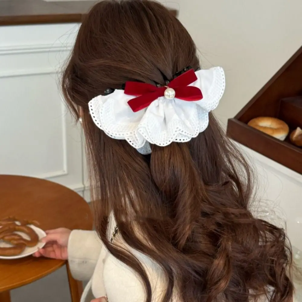 

Headdress Cloth Red Velvet Bow Hair Clip Hair Clips Pearl Bowknot Banana Clip Vintage Style Korean Style Lace Bow Hairpin Gift