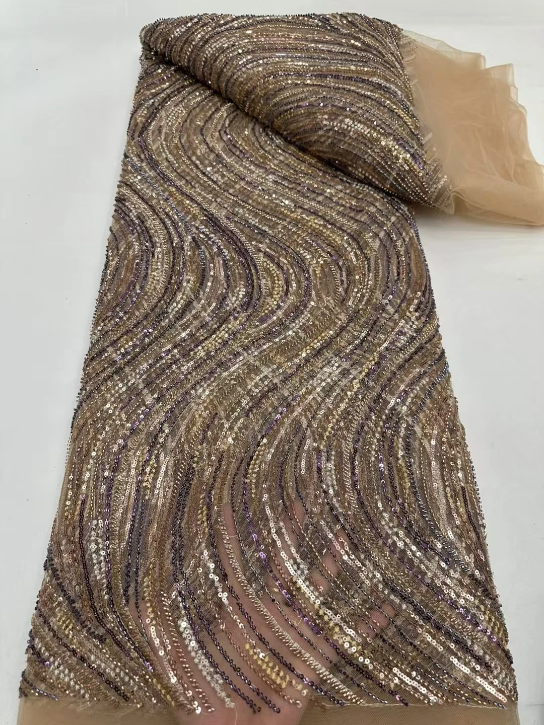 2025Elegant Superior Quality Heavy Soft Mesh Sequined Lace Fabric with Stones for Classic Wedding & Party Dressess U_Ge2598