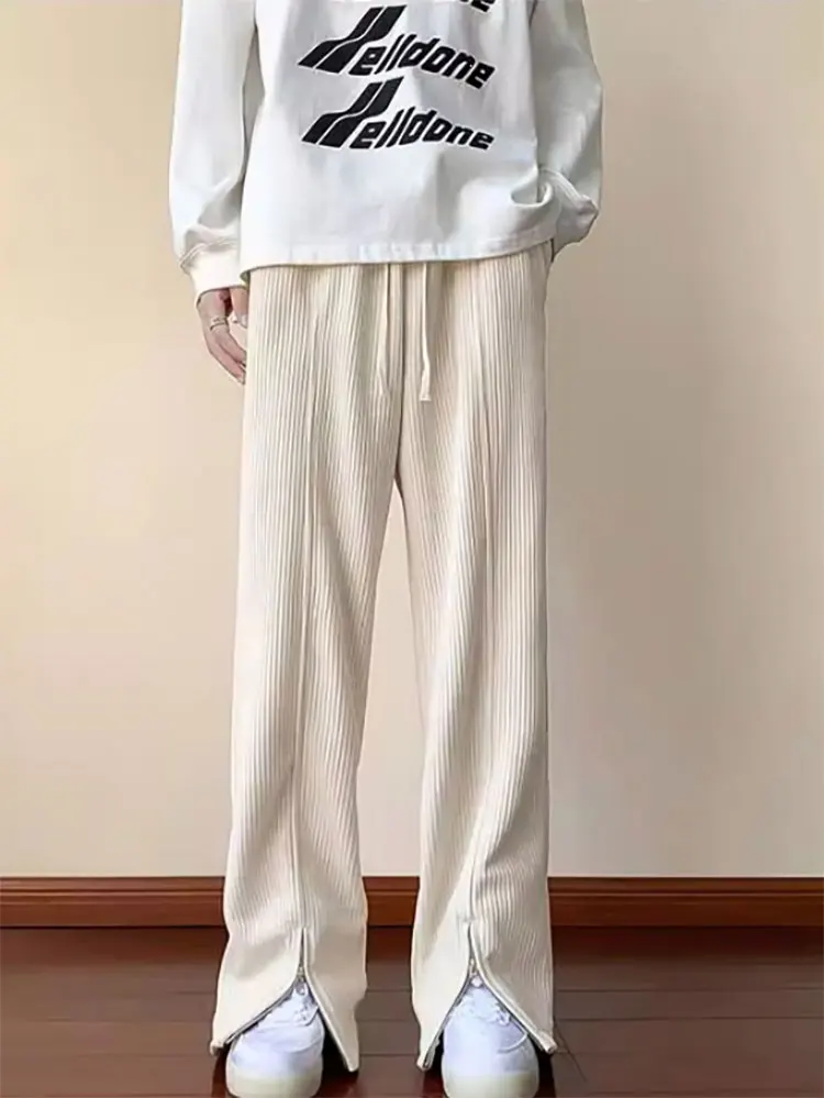 

Мужские брюки Y2K в корейском стиле с разрезами спереди, вельветовые, на молнии, прямые, широкие, свободные, повседневные, спортивные, в стиле Харадзюку