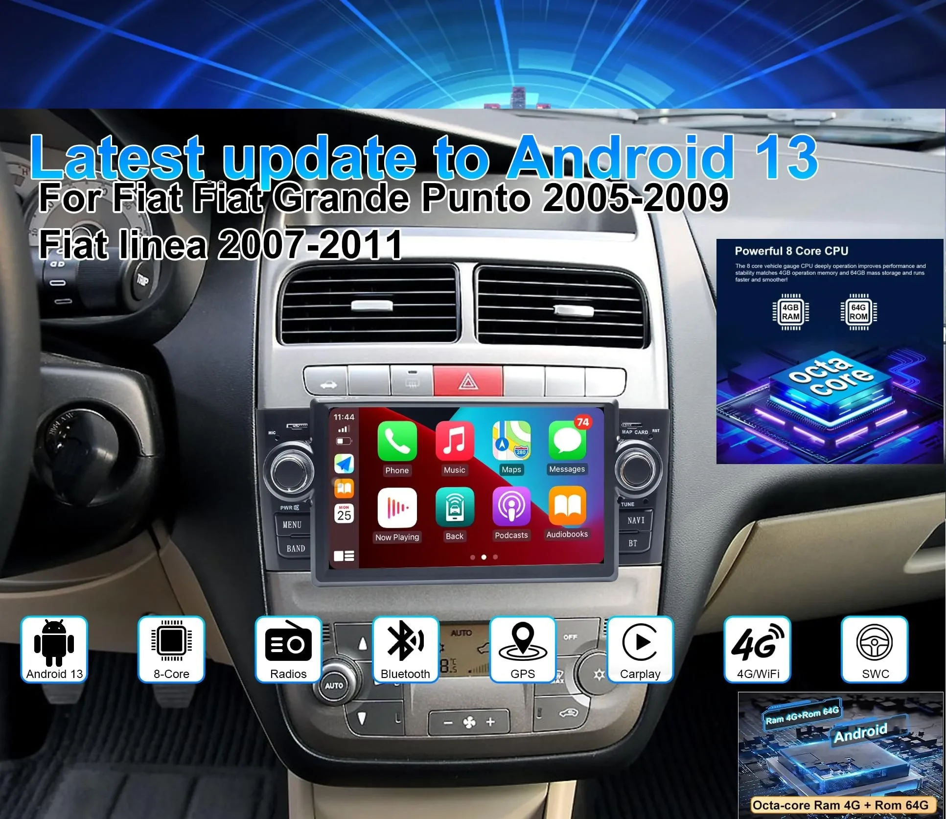 

For Fiat Grande Punto Linea 2007-2012 Car play Auto Radio Stereo Head Unit GPS Navigation Car Multimedia Player Android