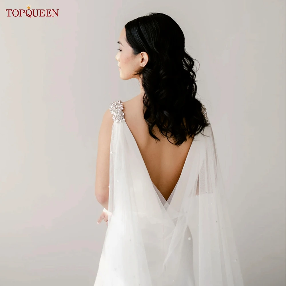 TOPQUEEN-velos de novia largos G64, chaqueta Bolero, capa de perlas, velo de catedral, envoltura nupcial larga con alfileres de cuentas