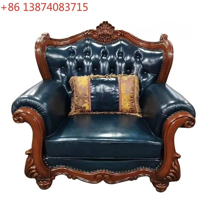 European sofa American leather solid wood sofa combination retro carved living room villa sofa