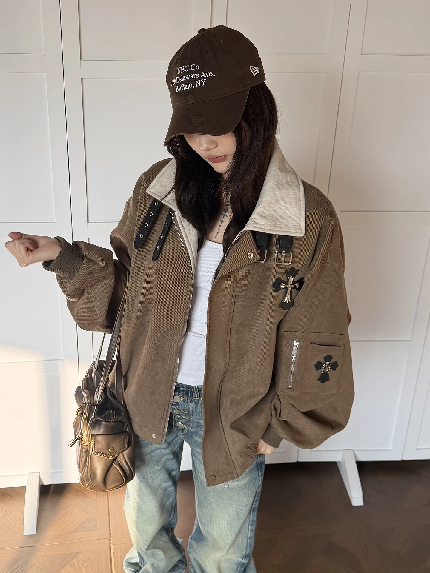 

Кардиган Don Cry Brown Workwear: Новинка, свободный крой, воротник-стойка, перекрестный дизайн, весна-осень, повседневный, свободный, открытый, топ