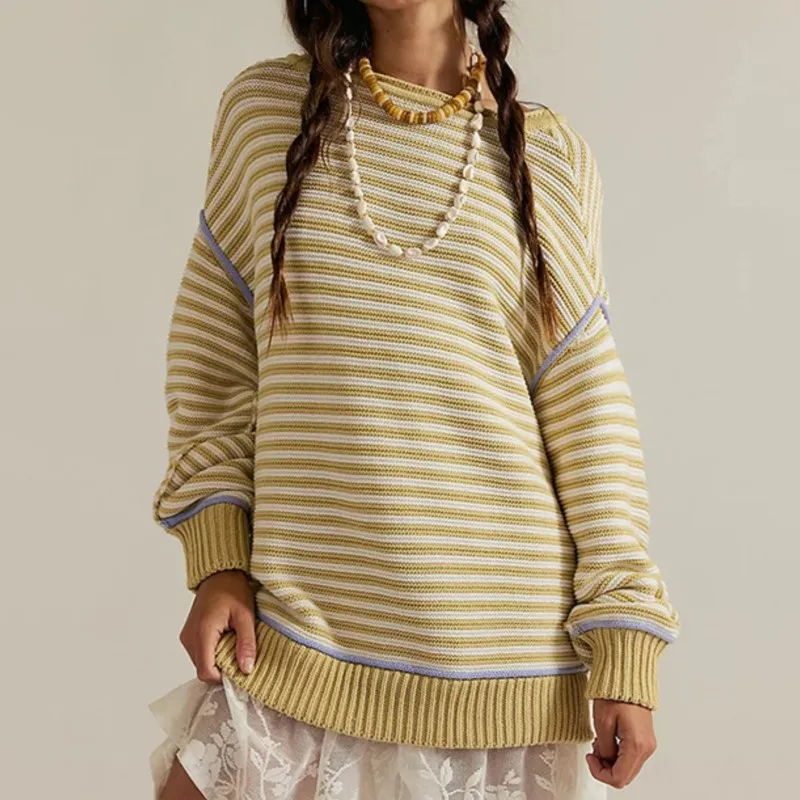 

2025 New Fall/Winter Women's Striped Knitted Top Round Neck Pullover Style & Loose Long Sleeves Comfortable Sweater for Daily