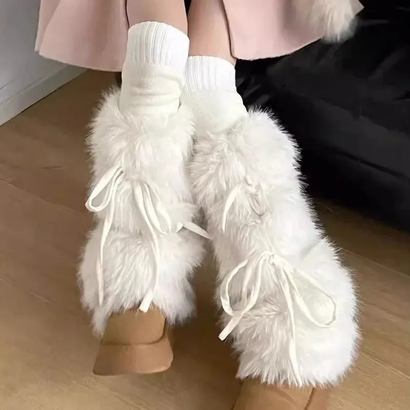 

1 пара черно-белых кофейных лент с бантом, пушистые плюшевые гетры, женские зимние теплые манжеты для ботинок Y2K, готический чехол для ботинок, декор для косплея