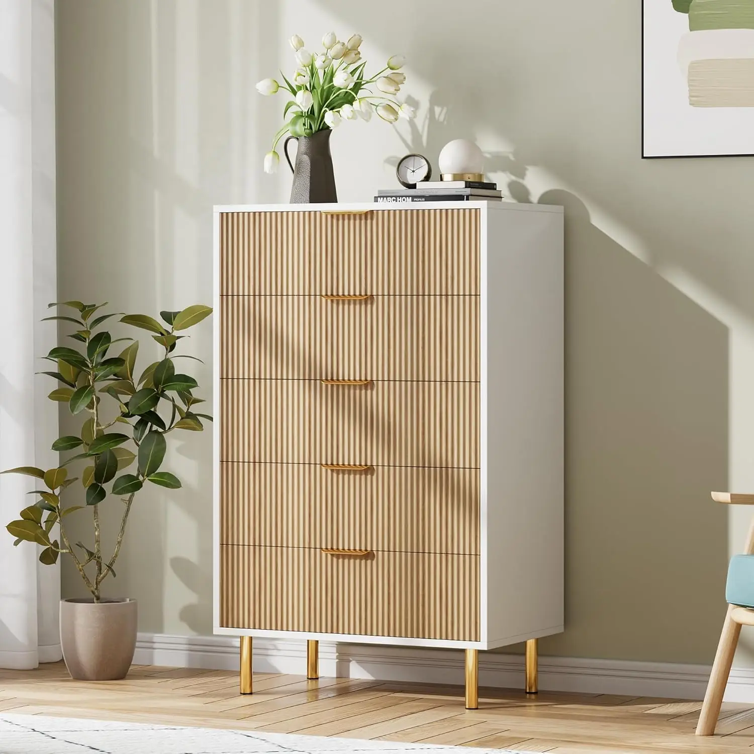 Fluted 5 Drawer Bedroom Dresser 48 Inch Metal Leg Wooden Cabinet | Groove Facade Anti Topple Safe Storage Smooth Drawer Slide Polished Hardware Elevated Base Household Dresser