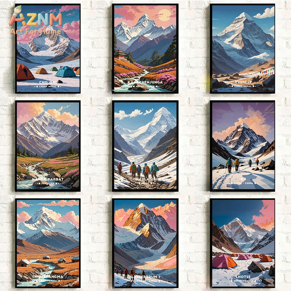 AZNM Vintage Himalaya Snow Mountain Canvas Poster Frameless Wall Art Everest K2 Mountain Climbing Camping Landscape Print For Li