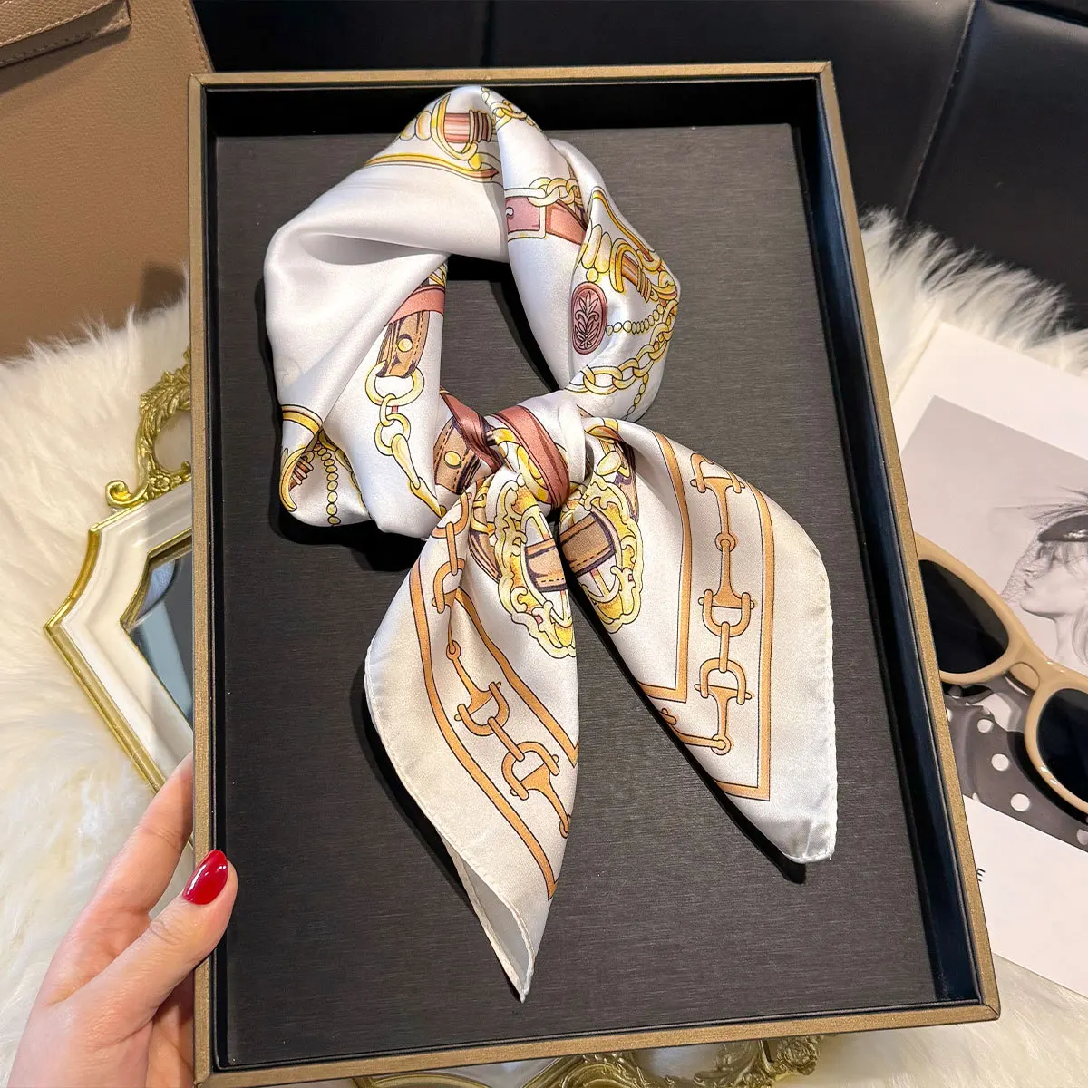 2025 Silk Shawl Print Headscarf Cat Hair Wrap Neckerchief Female Satin Square Scarf For Women Headband Foulard Hijab Bandana